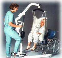Healthcare worker using lifter to help patient 