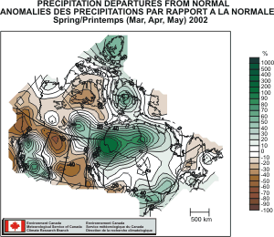 Precipitation departures from normal map - Spring 2002