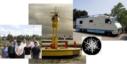 photos of buoy, lab group, snowflake and mobile lab