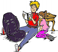 Illustration of a parent with a child reading the manufacturer's child seat manual.