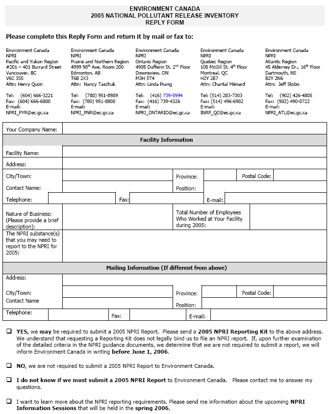 ENVIRONMENT CANADA 2005 NATIONAL POLLUTANT RELEASE INVENTORY REPLY FORM