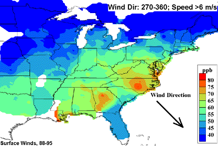 Figure 13.  Maps of average ozone concentration at high (>6 m/s) wind speed. a) 270-360 degrees