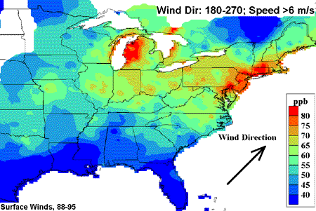 Figure 13.  Maps of average ozone concentration at high (>6 m/s) wind speed. c) 90-180 degrees