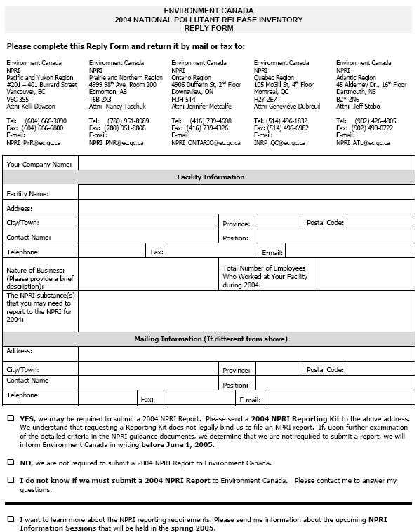 ENVIRONMENT CANADA 2004 NATIONAL POLLUTANT RELEASE INVENTORY REPLY FORM