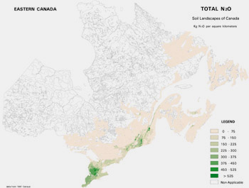Image: Figure 23b: Estimated direct N2O emissions from agricultural sources in eastern Canada in 1991.