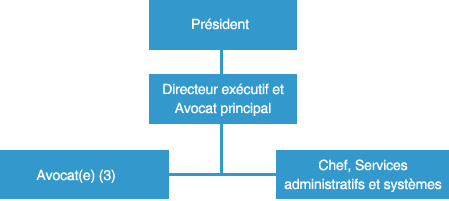 Organisation/Prsident, Directeur excutif et Avocat principal, Avocat(e) (3), Chef, Services administratifs et systmes, Examen des cas