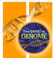 Logo of The Geee! in Genome and an illustration of a strand of DNA.