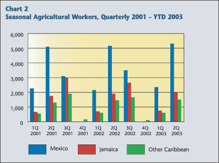 Chart 2 - Seasonal Agricultural Workers, Quarterly 2001  YTD 2003