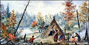 Un campamento de indgenas algonquines en 1850 cerca de la comunidad algonquin de Kitigan Zibi (Maniwake)