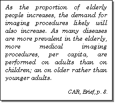 Text Box: As the proportion of elderly people increases, the demand for imaging procedures likely will also increase. As many diseases are more prevalent in the elderly, more medical imaging procedures, per capita, are performed on adults than on children; an on older rather than younger adults.

CAR, Brief, p. 8.
