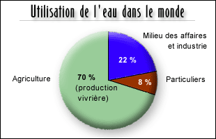 Graphique : Utilisation de l?eau dans le monde

Agriculture  : 70% (production vivrire)
Milieu des affaires, industrie : 22%
Particuliers : 8%