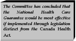 Text Box: The Committee has concluded that the National Health Care Guarantee would be most effective if implemented through legislation distinct from the Canada Health Act.