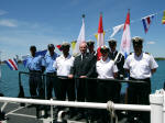 Minister Hearn with the Commanding Officers and crew of CCGC Cape Discovery, and the Canadian Coast Guard Auxiliary Honour Guard, in Sarnia Ontario