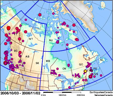 Map of recent earthquakes/blasts in Canada