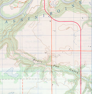 Bears Paw Gulch above the Cypress River Valley, Manitoba. ((Source: NTS map 62 G/10))