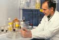 Chemical technologist in one of the geochronology laboratories using micro ion-exchange column chemistry to purify uranium and lead prior to isotopic mass analysis.