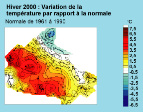 Hiver 2000: Variation de la temprature par rapport  la normale (Environnement Canada, 2000)