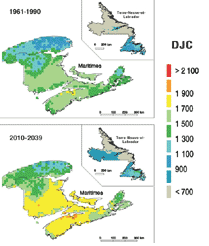 Projection des nombres de degrs-jour de croissance (DJC) au-dessus de 5 C (utilise le MCGA1 du Centre canadien de la modlisation et de l'analyse climatique, avec des arosols)