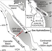 Zone d'occurrence d'hydrates de gaz au large de l\le de Vancouver
