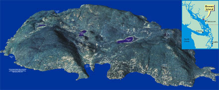 Aerial map image of Bowen Island, viewed looking to southwest, created by draping a mosaic of aerial photographs over a digital elevation model. (Image created by Ryan Grant.)