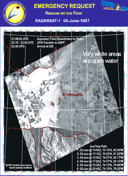Satellite imagery tracks ice flow where students drifted for 6 days. (Canadian Ice Service)