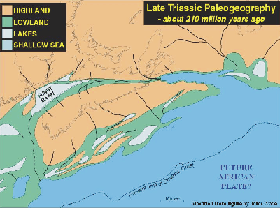 Paleogeography approximately 210 million years ago. (Modified from figure from John Wade)