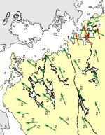 Les stries les plus anciennes (1, rouge) reprsentent une avance glaciaire vers le nord-ouest avant la mise en place des configurations rgionales dominantes, durant probablement la formation de la glace. Les indicateurs de l'coulement glaciaire le plus tardif et le plus orient vers l'ouest au nord-nord-ouest (2, vert) correspondent aux dernires phases avant et pendant la dglaciation. Il y a environ 9000 ans, la rgion a connu un recul glaciaire rapide simultanment  l'incursion marine, remontant jusqu' 75 km vers l'intrieur des terres et 220 au-dessus du niveau de la mer.