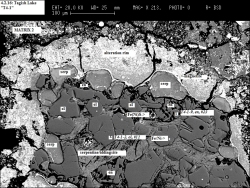 Photo 3-B:BSE photomicrograph of a portion of chondrule 'B'. Photo by P.A. Hunt and R.K. Herd, Geological Survey of Canada, Natural Resources Canada.