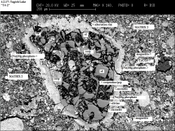 Photo 3-C:BSE photomicrograph of chondrule 'C'. Photo by P.A. Hunt and R.K. Herd, Geological Survey of Canada, Natural Resources Canada.