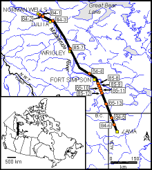 Ce pipeline de 869 km commence  Norman Wells, T.N.-O., et se dirige vers le sud jusqu' Zama, dans le nord de l'Alberta.