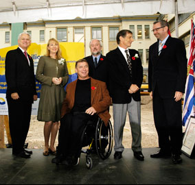 UBC President Stephen Toope (far right) with (from left) Premier Gordon Campbell, Marilyn Blusson, Rick Hansen, ICORD Director Dr. John Steeves, and Dr. Stewart Blusson - photo by Martin Dee