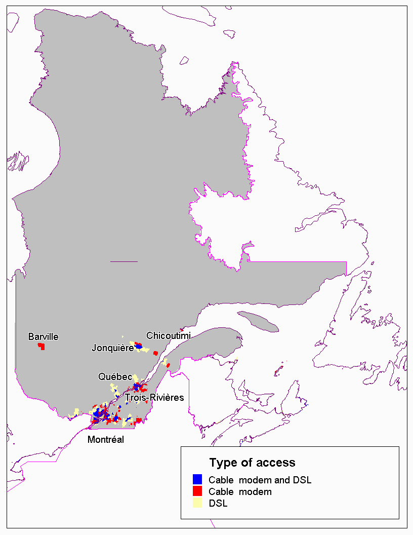 Display of the high-speed Internet access availability by technology (i.e., cable modem, DSL and cable modem & DSL) in Quebec
