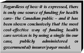 Text Box: Regardless of how it is expressed, there is only one source of funding for health care the Canadian public  and it has been shown conclusively that the most cost-effective way of funding health care services is by using a single (in our case, publicly administered or governmental) insurer/payer model.