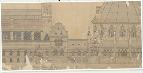 Dessin architectural des lvations est et ouest de l'difice du Centre, 1859