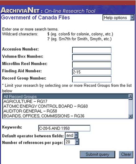 Government of Canada detailed search screen