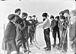 Photograph of boys choosing sides for hockey on Sarnia Bay, [Ont.], December 29, 1908