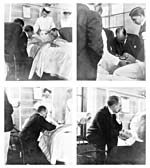 Series of four photographs of Sir William Osler at patients bedside, in the stages of observation, palpitation, auscultation and contemplation