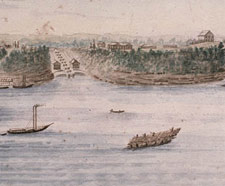 Aquarelle reprsentant les cluses du Canal Rideau  Bytown, avec la Colline des Casernes, futur emplacement de la Colline du Parlement, de John Burrows, vers 1832