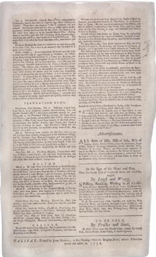 Dernire page d'une reproduction (v. 1880) du journal THE HALIFAX GAZETTE, no 1, 23 mars 1752 (pages 1 et 2)