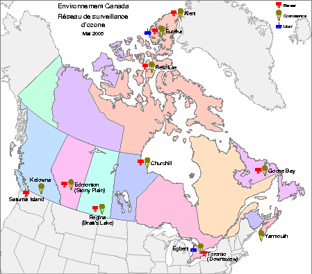 Carte du rseau canadien d'observation d'ozone.  Cliquer sur la carte pour en obtenir une plus grande