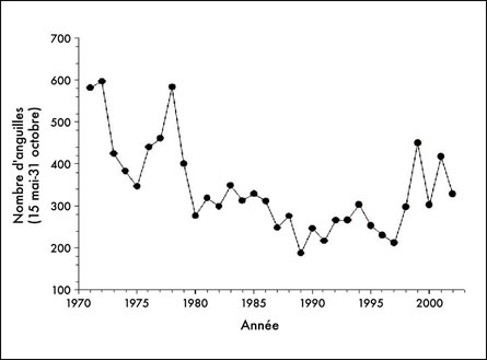 illustration : Nombre d?Anguilles d?Amrique captures  la pcherie exprimentale de Qubec entre 1970 et 2002