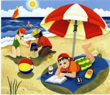 Illustration of children playing on a beach.
