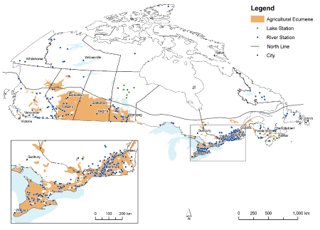 Map 6: Areas of agricultural activity in relation to water quality monitoring sites, Canada, 2001