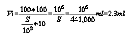 Ce diagramme montre la formule Vi gal 100 plus 100 diviser par S diviser par cube de 10 plus 10 gal cube de 10 diviser par S gal cube de 10 diviser par 441,000 millilitres gal 2.3 millilitres.