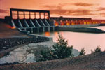 Courtesy of Mario Palumbo/Manitoba Hydro. Limestone hydro generating facility produces 1340 MWe of electricity and approximate 3 million cubic metres of water flows through this dam. The facility is located on the Nelson River in Northern Manitoba.