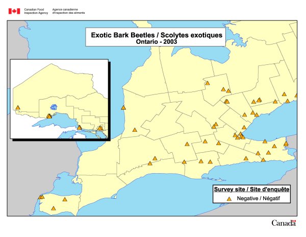 carte montre les sites de pigeage du scolyte exotique de 2003 en Ontario
