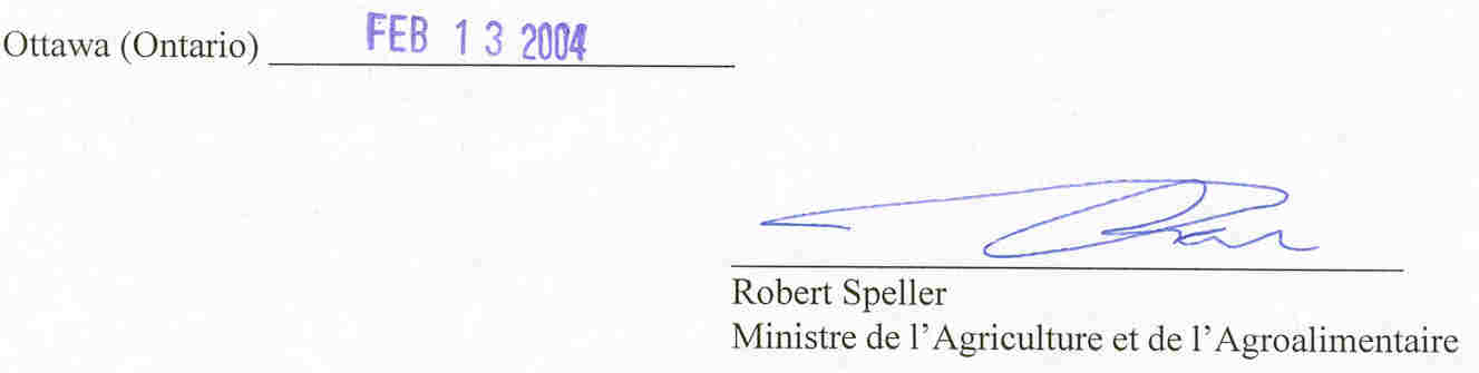 Date et Signature du Ministre de lAgriculture et de lAgroalimentaire
