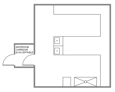 This image shows a simplified example of plant pest containment-2. An anteroom corridor is acceptable and there is a biological safety cabinet.