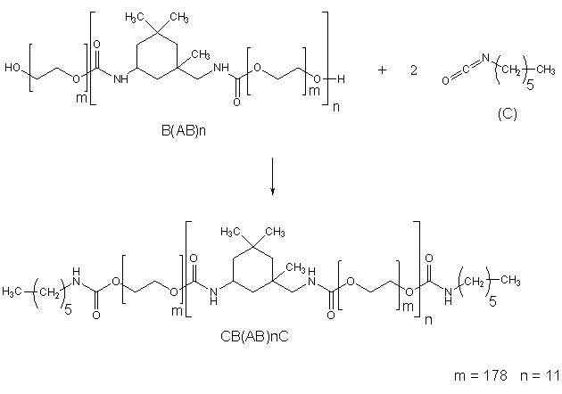 Urethane end-cap formation: The intermediate is reacted with 2 times monomer C to produce the final polymer. Final product, which has the structure CB, AB in parenthesis with 11 repeating units, and C
