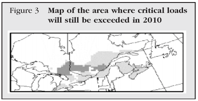 Map of the area where critical loads will still be exceeded in 2010